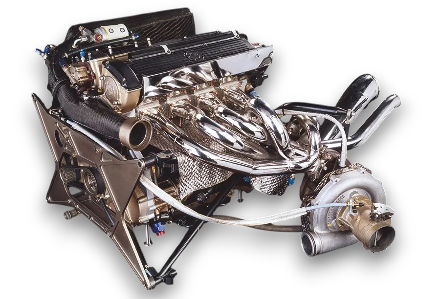 Motor BMW M12/13 exposto no museu da BMW em Munique — o motor de quatro cilindros mais poderoso da história da Fórmula 1