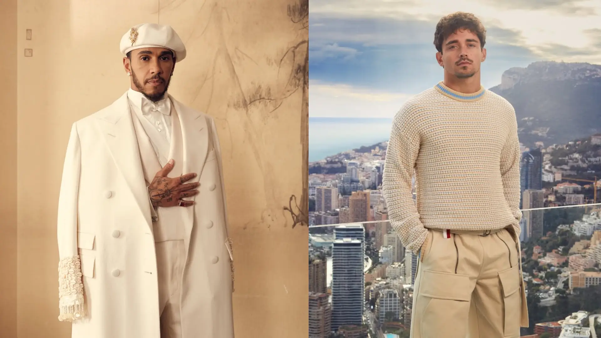 Lewis Hamilton com look maximalista e Charles Leclerc com visual minimalista de Quiet Luxury no paddock da F1