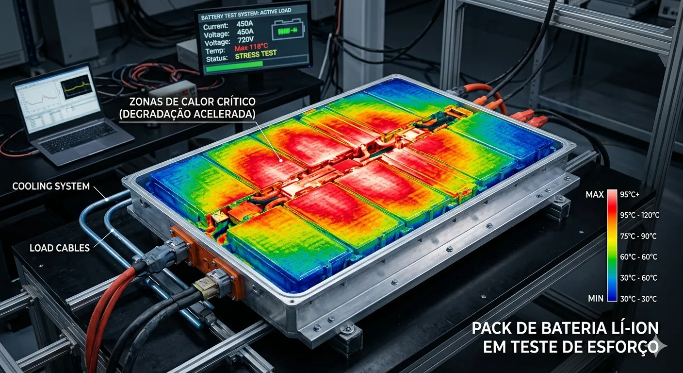 Imagem térmica de um pack de bateria de alta performance mostrando gradiente de temperatura e pontos críticos de calor