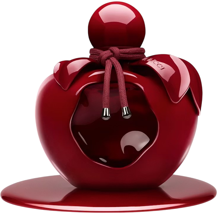Frasco de Nina Ricci Rouge Crush em estúdio com acabamento vermelho ultrabrilhante