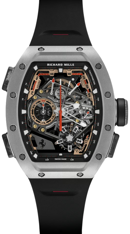 Richard Mille RM 43-01 Ferrari Tourbillon Split-Seconds Chronograph: vista frontal do mostrador vazado com tourbillon descentrado e cronógrafo rattrapante