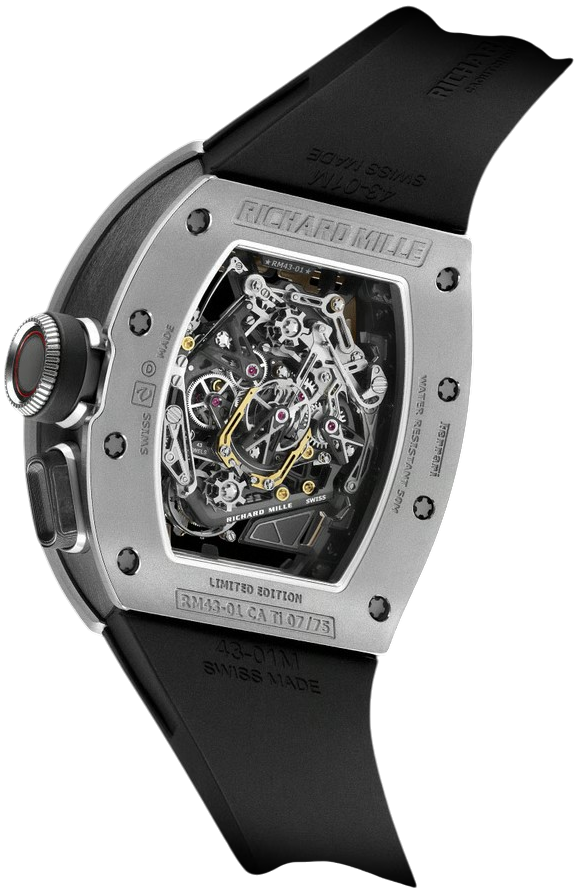 Fundo da caixa do Richard Mille RM 43-01 Ferrari exibindo o calibre RM43-01 com 514 componentes visíveis