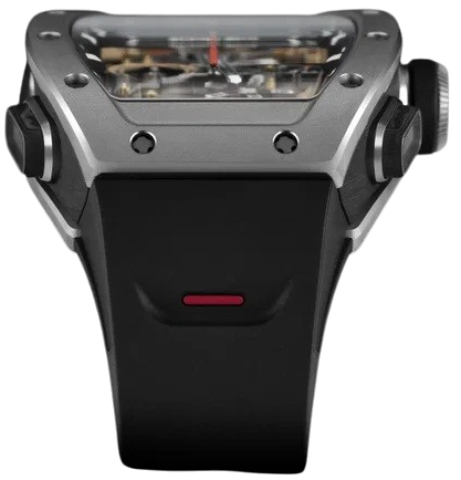 Vista superior do Richard Mille RM 43-01 Ferrari mostrando a geometria da caixa tonneau e botões do cronógrafo