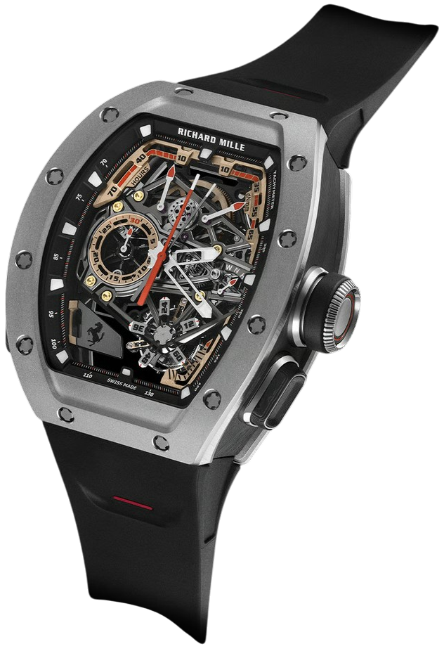 Vista lateral do Richard Mille RM 43-01 Ferrari evidenciando a espessura de 17,1 mm e a coroa com detalhe vermelho