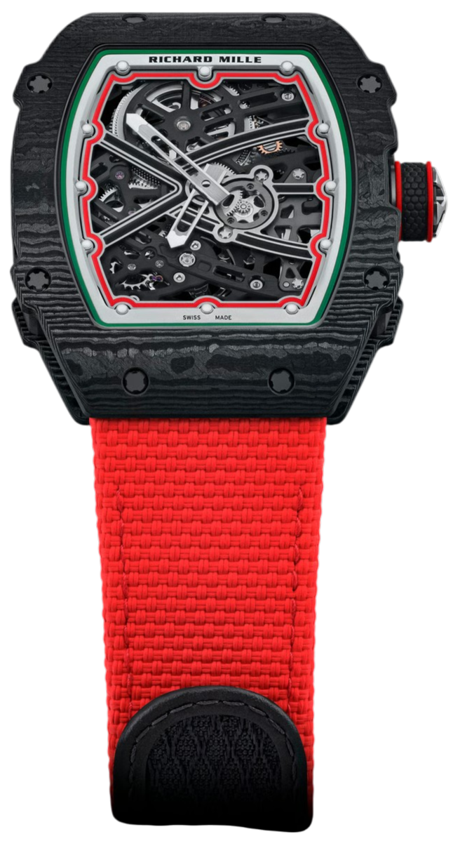 Richard Mille RM 67-02 vista frontal com mostrador esqueletizado e pulseira em tom laranja