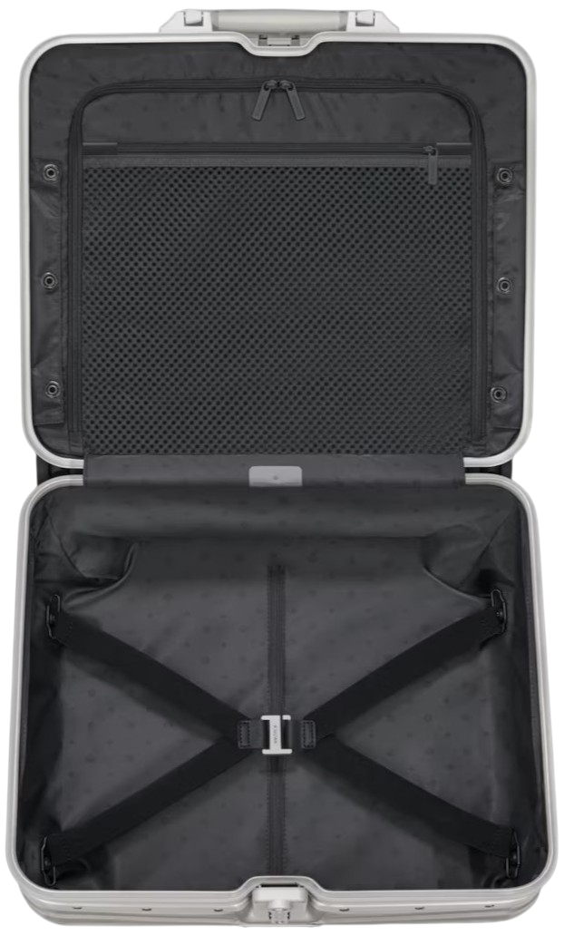 Interior da RIMOWA Original Compact com cintos de compressão cruzados