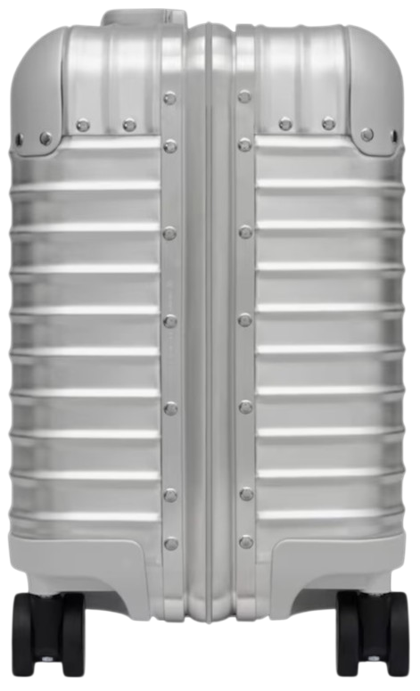 Vista lateral da RIMOWA Original Compact mostrando frisos e rodas