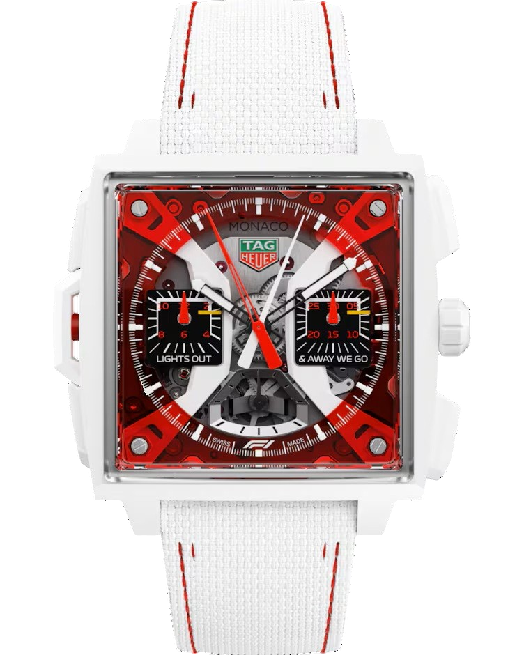 TAG Heuer Monaco Split-Seconds Chronograph F1 mostrador vermelho translúcido e caixa em cerâmica branca