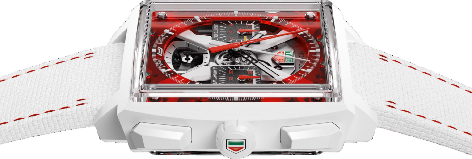 Perfil lateral do TAG Heuer Monaco Split-Seconds em cerâmica branca exibindo a pulseira e acabamento